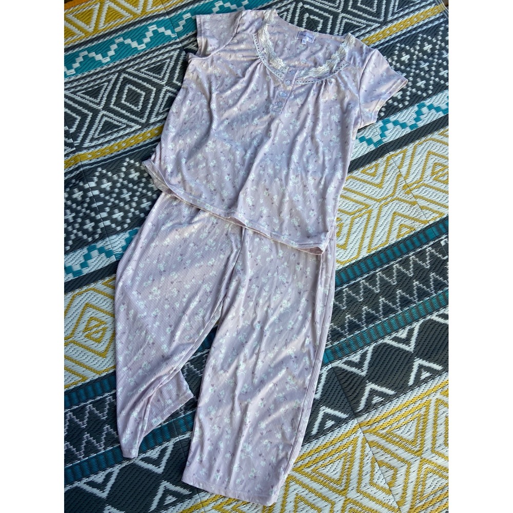 Body Touch Lingerie Pajama Set XL Lavender Floral Ribbed Lace Trim 2pc Sleepwear